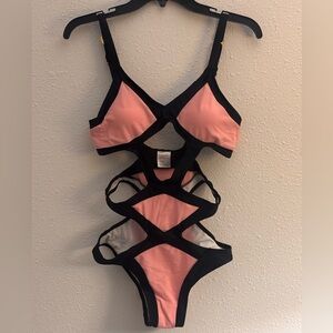Black and Pink Women Swim One Piece